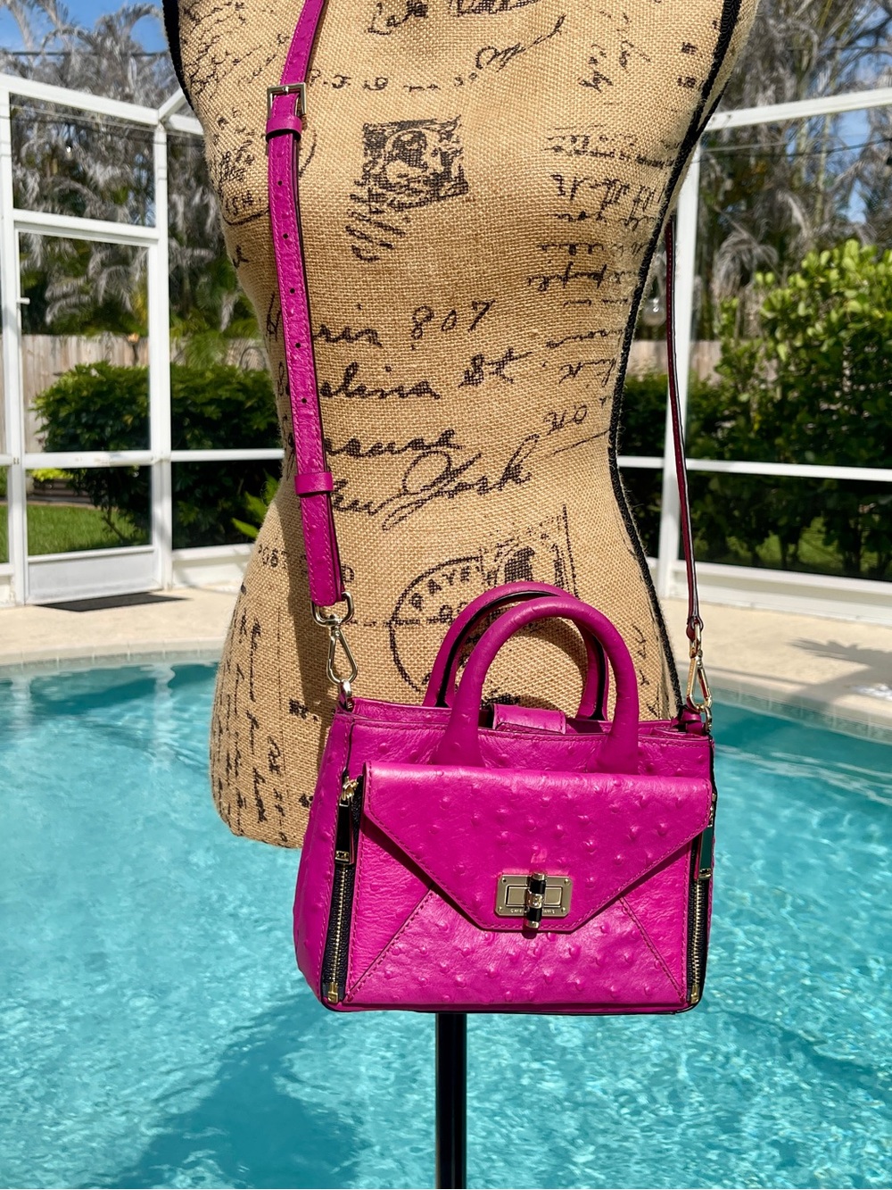 Diane von Furstenberg Fuchsia Ostrich‑Texture Top‑Handle Bag Small Secret Agent